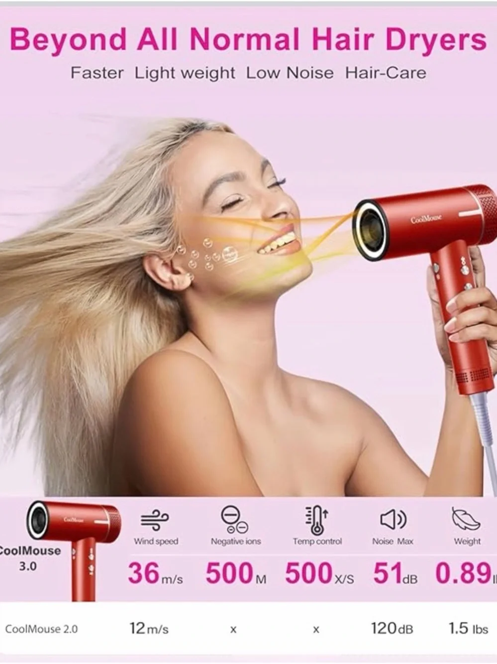 Red high speed, ionic hairdryer, fast drying low noise, compact #VA4
